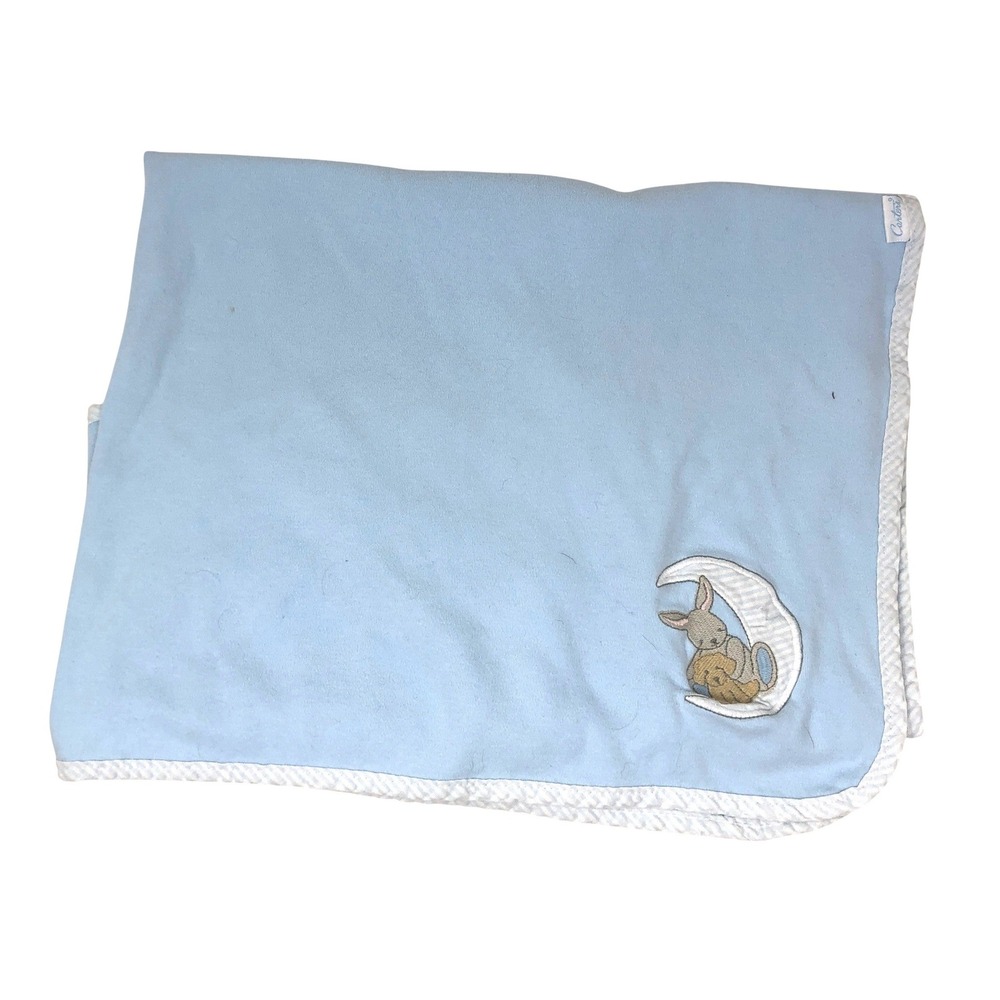 Vintage Carters Baby Blanket Embroidered Blue Bunny Moon Puppy Dog Cotton USA